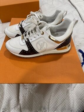 Louis Vuitton White, Brown & Gold Run Away Sneakers - Women's